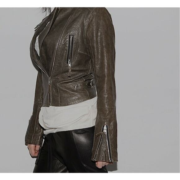 TRUE RELIGION Womens Brown Green Leather Biker Jacket Size S - Picture 5 of 12